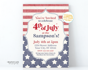4th of July BBQ Invitation Vintage Red White and Blue BBQ 4th of July Party Invite Stars and Stripes Independence Day Editable Printable