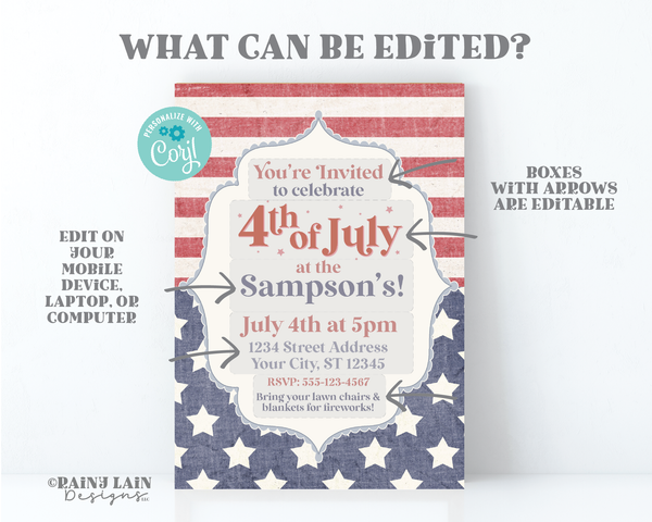 4th of July BBQ Invitation Vintage Red White and Blue BBQ 4th of July Party Invite Stars and Stripes Independence Day Editable Printable
