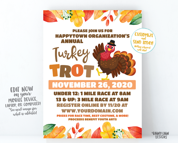 Turkey Trot Flyer, Thanksgiving Fundraiser Flyer, Turkey Invitation Thanksgiving Turkey Trot Flier Printable Editable Turkey Fall Autumn