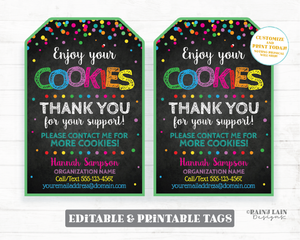 Cookie Thank You Tag Editable Cookies Fundraiser Printable Booth Sales Thank You Support Bakery Bake Sale Confetti Green Gift Favor Delivery