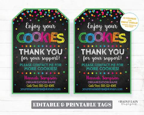 Cookie Thank You Tag Editable Cookies Fundraiser Printable Booth Sales Thank You Support Bakery Bake Sale Confetti Green Gift Favor Delivery