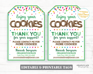Editable Cookie Thank You Tag Cookies Fundraiser Booth Printable Sales Thank You Support Bake Sale Bakery Confetti Green Gift Favor Delivery