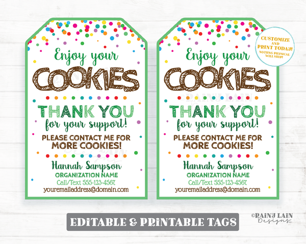 Editable Cookie Thank You Tag Cookies Fundraiser Booth Printable Sales Thank You Support Bake Sale Bakery Confetti Green Gift Favor Delivery
