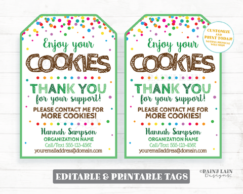 Editable Cookie Thank You Tag Cookies Fundraiser Booth Printable Sales Thank You Support Bake Sale Bakery Confetti Green Gift Favor Delivery