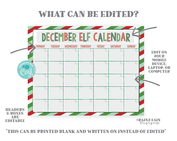 Elf Planning Calendar Printable Elf Calendar Editable Christmas Elf Ideas Elf Printables Instant Download December Calendar Planning
