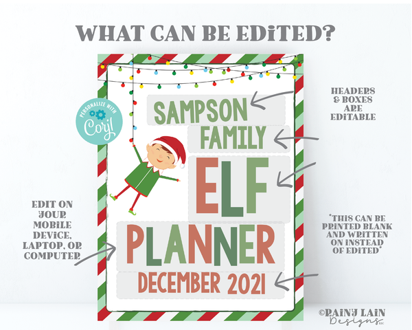 Elf Planner Printable Editable Christmas Elf Ideas Elf Printables Outfits Schedule Supplies Prop Activities Planner Instant Download Elf Kit