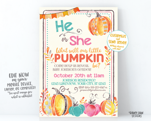 Pumpkin Gender Reveal Invitation Editable Fall Gender Reveal Invite What Will Our Little Pumpkin Be Little Pumpkin Gender Reveal Invite