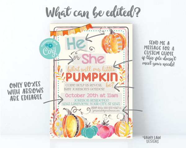 Pumpkin Gender Reveal Invitation Editable Fall Gender Reveal Invite What Will Our Little Pumpkin Be Little Pumpkin Gender Reveal Invite
