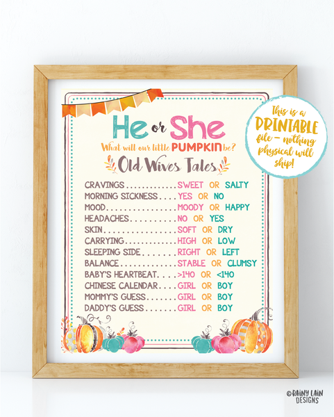 Pumpkin Gender Reveal Old Wives Tales Sign, Gender Reveal Old Wives Tales Poster, Gender Reveal Sign, Pink Pumpkins Blue, Fall Gender Reveal