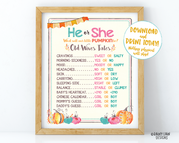 Pumpkin Gender Reveal Old Wives Tales Sign He or She What Will Our Little Pumpkin Be Voting Poster Welcome Sign Pink Blue Fall Leaves