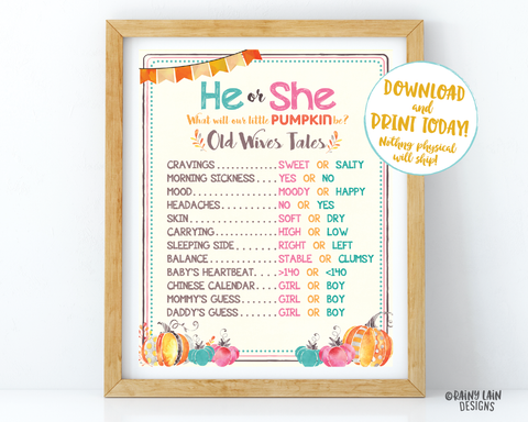 Pumpkin Gender Reveal Old Wives Tales Sign, Gender Reveal Old Wives Tales Poster, Gender Reveal Sign, Pink Pumpkins Blue, Fall Gender Reveal