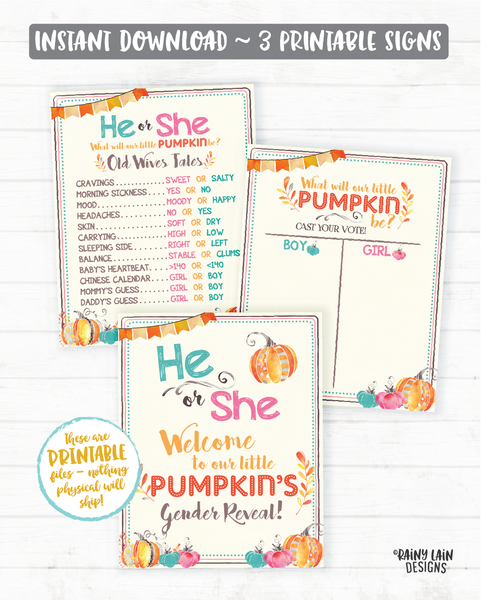 Pumpkin Gender Reveal Old Wives Tales Sign He or She What Will Our Little Pumpkin Be Voting Poster Welcome Sign Pink Blue Fall Leaves