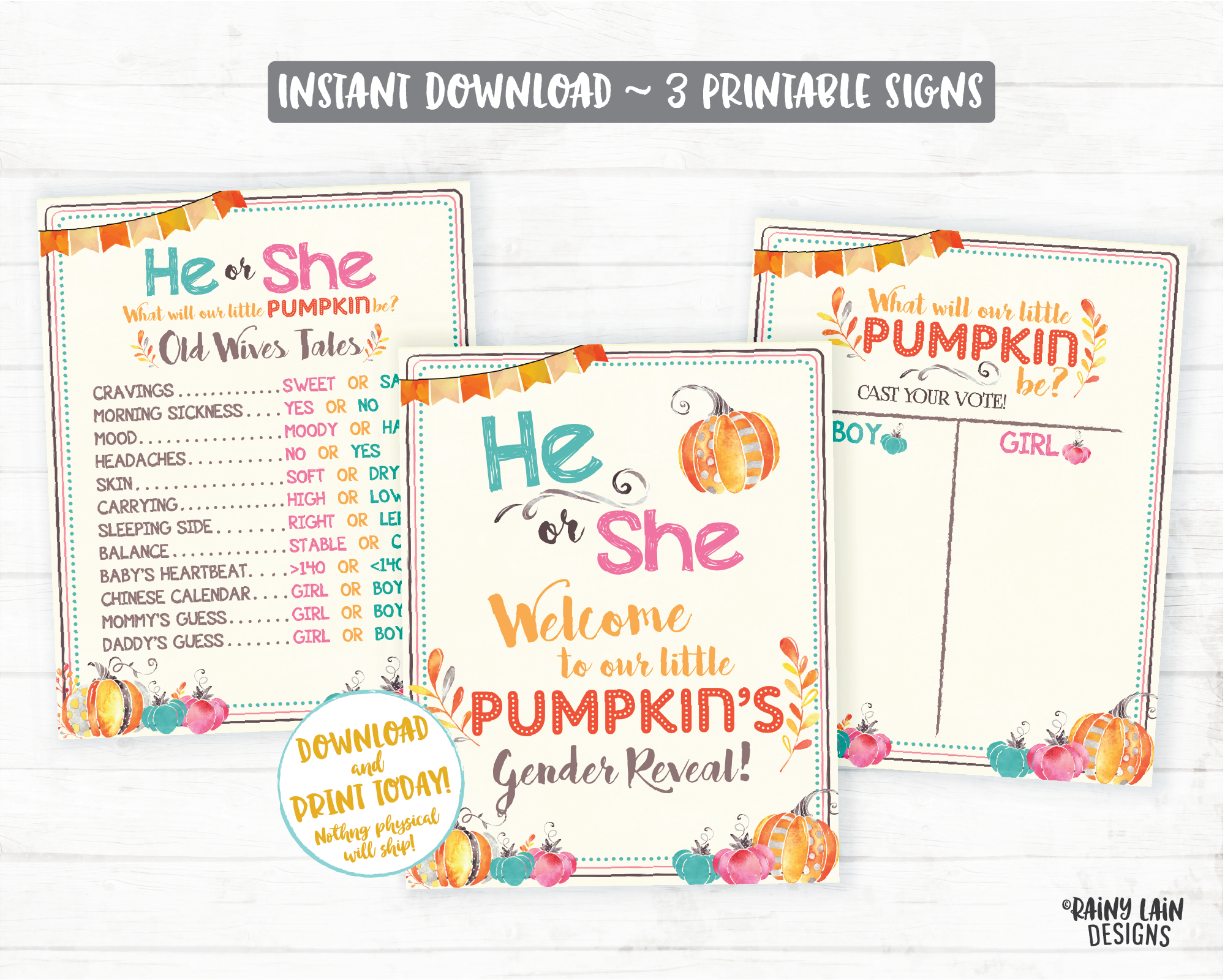 Pumpkin Gender Reveal Old Wives Tales Sign He or She What Will Our Little Pumpkin Be Voting Poster Welcome Sign Pink Blue Fall Leaves
