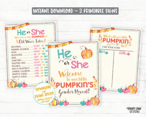 Pumpkin Gender Reveal Old Wives Tales Sign He or She What Will Our Little Pumpkin Be Voting Poster Welcome Sign Pink Blue Fall Leaves