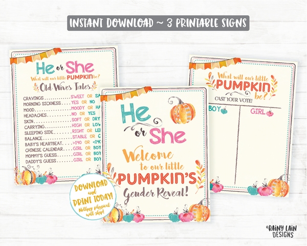 Pumpkin Gender Reveal Old Wives Tales Sign He or She What Will Our Little Pumpkin Be Voting Poster Welcome Sign Pink Blue Fall Leaves