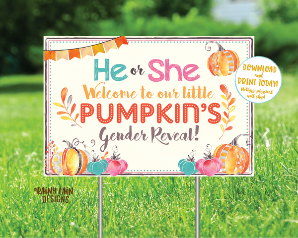 Pumpkin Gender Reveal Old Wives Tales Sign He or She What Will Our Little Pumpkin Be Voting Poster Yard Sign Pink Blue Fall Leaves
