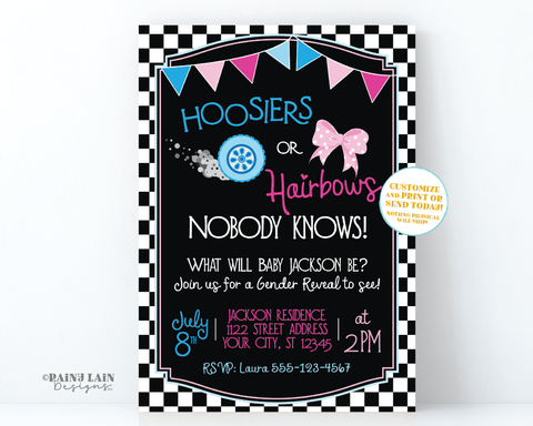 Hoosiers or Hairbows Gender Reveal Invitation Car Gender Reveal Invite Tire Checker Flag Bunting Hair Bows Blue and Pink Chalkboard