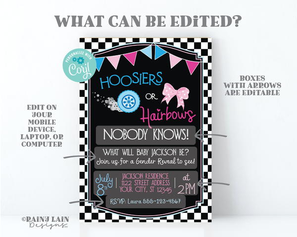 Hoosiers or Hairbows Gender Reveal Invitation Car Gender Reveal Invite Tire Checker Flag Bunting Hair Bows Blue and Pink Chalkboard