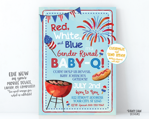 Red White and Blue Baby-Q Invitation Gender Reveal Baby-Q 4th of July Gender Reveal Invite BBQ Fourth of July Watercolor BabyQ Firecracker