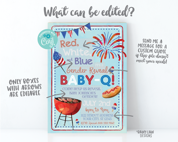 Red White and Blue Baby-Q Invitation Gender Reveal Baby-Q 4th of July Gender Reveal Invite BBQ Fourth of July Watercolor BabyQ Firecracker