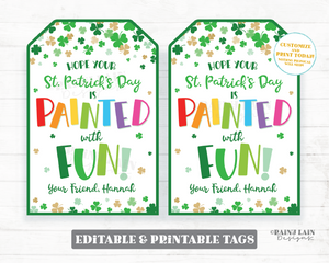 Painted with Fun St Patrick's Day Painting Palette Art Paint Brush Shamrock Gift Tag Preschool Classroom Non-Candy Printable Editable Tag