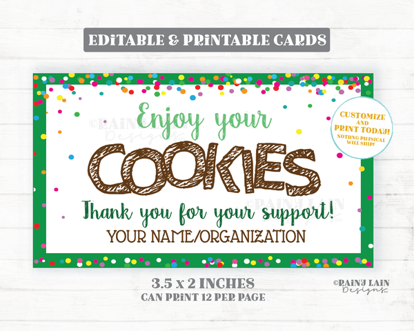 Cookie Thank You Note Editable Cookies Thank You Card Business Card Size Booth Printable Sales Bake Sale Bakery Cookie Tag Cookie Card