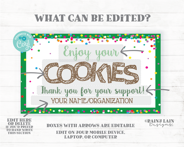 Cookie Thank You Note Editable Cookies Thank You Card Business Card Size Booth Printable Sales Bake Sale Bakery Cookie Tag Cookie Card