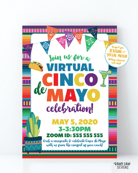 Virtual Cinco de Mayo Invitation, Cinco de Mayo Fiesta, Virtual Fiesta, Social Distancing Party from Home, Quarantine Margarita Taco Tuesday