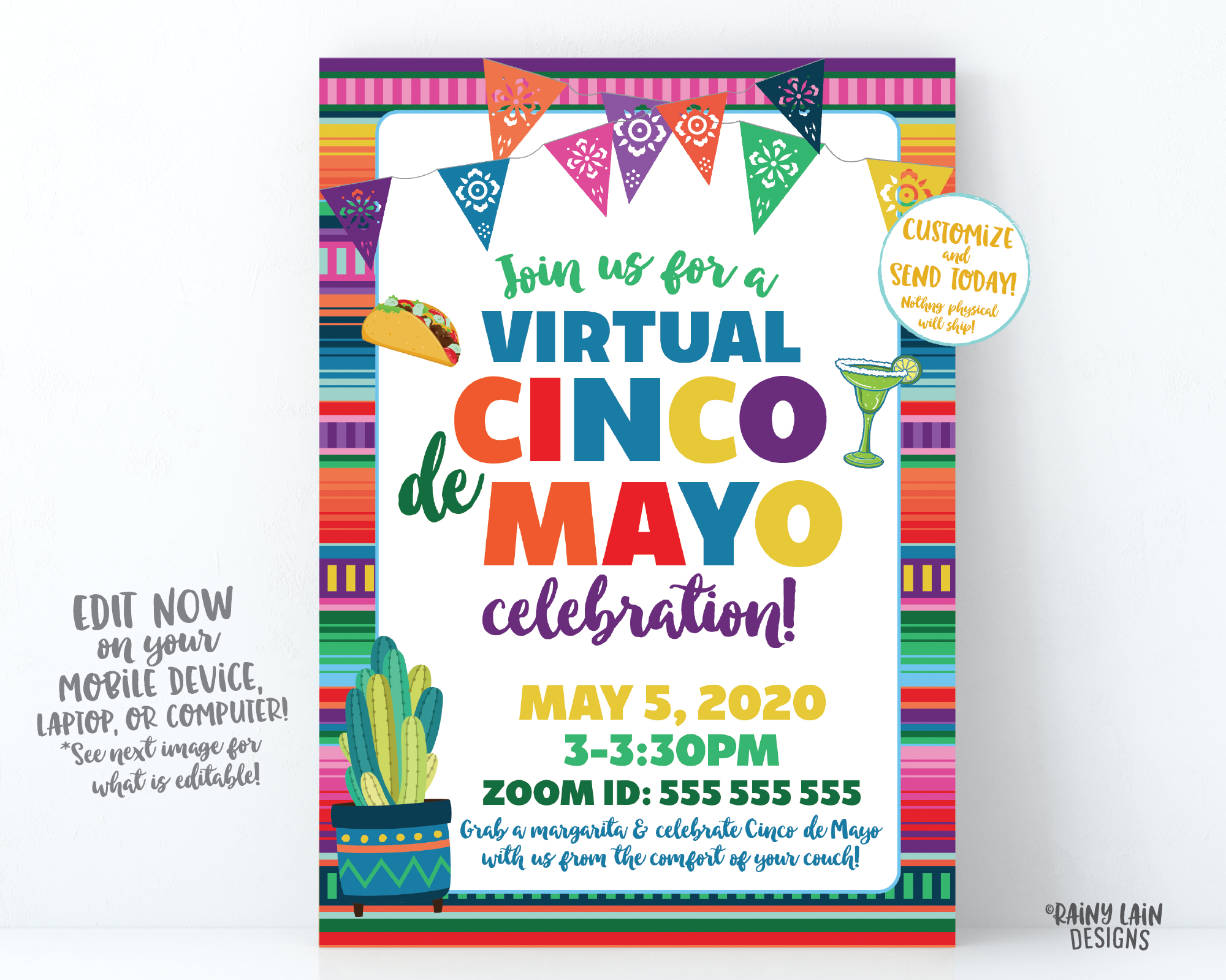 Virtual Cinco de Mayo Invitation, Cinco de Mayo Fiesta, Virtual Fiesta, Social Distancing Party from Home, Quarantine Margarita Taco Tuesday