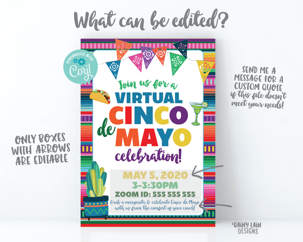 Virtual Cinco de Mayo Invitation, Cinco de Mayo Fiesta, Virtual Fiesta, Social Distancing Party from Home, Quarantine Margarita Taco Tuesday