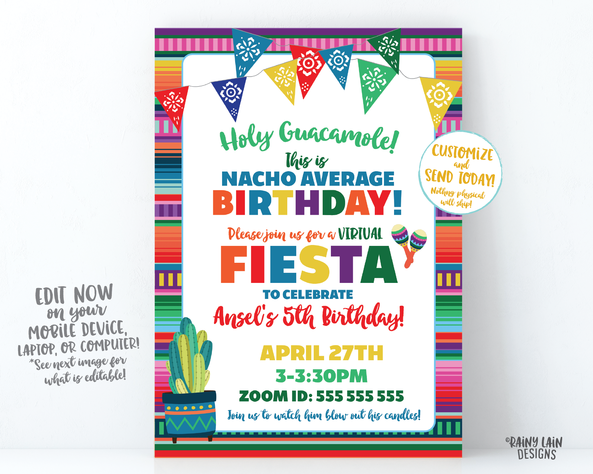 Virtual Fiesta Invitation Nacho Average Birthday Fiesta Invite, Holy Guacamole, Quarantine Party, Stay at Home Party, Social Distancing