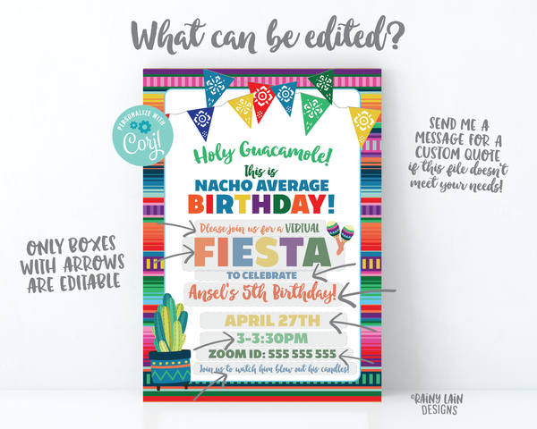 Virtual Fiesta Invitation Nacho Average Birthday Fiesta Invite, Holy Guacamole, Quarantine Party, Stay at Home Party, Social Distancing