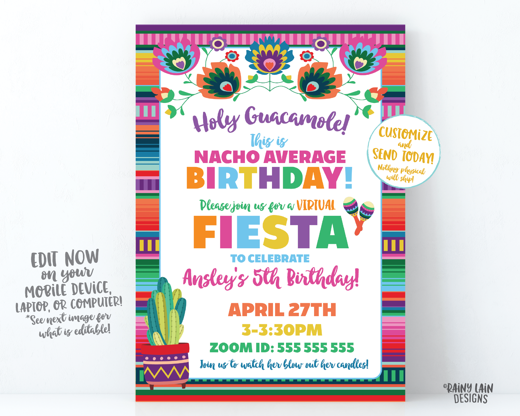 Virtual Fiesta Invitation Nacho Average Birthday Fiesta Invite, Quarantine Party, Stay at Home Party, Social Distancing, Holy Guacamole