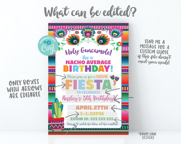 Virtual Fiesta Invitation Nacho Average Birthday Fiesta Invite, Quarantine Party, Stay at Home Party, Social Distancing, Holy Guacamole