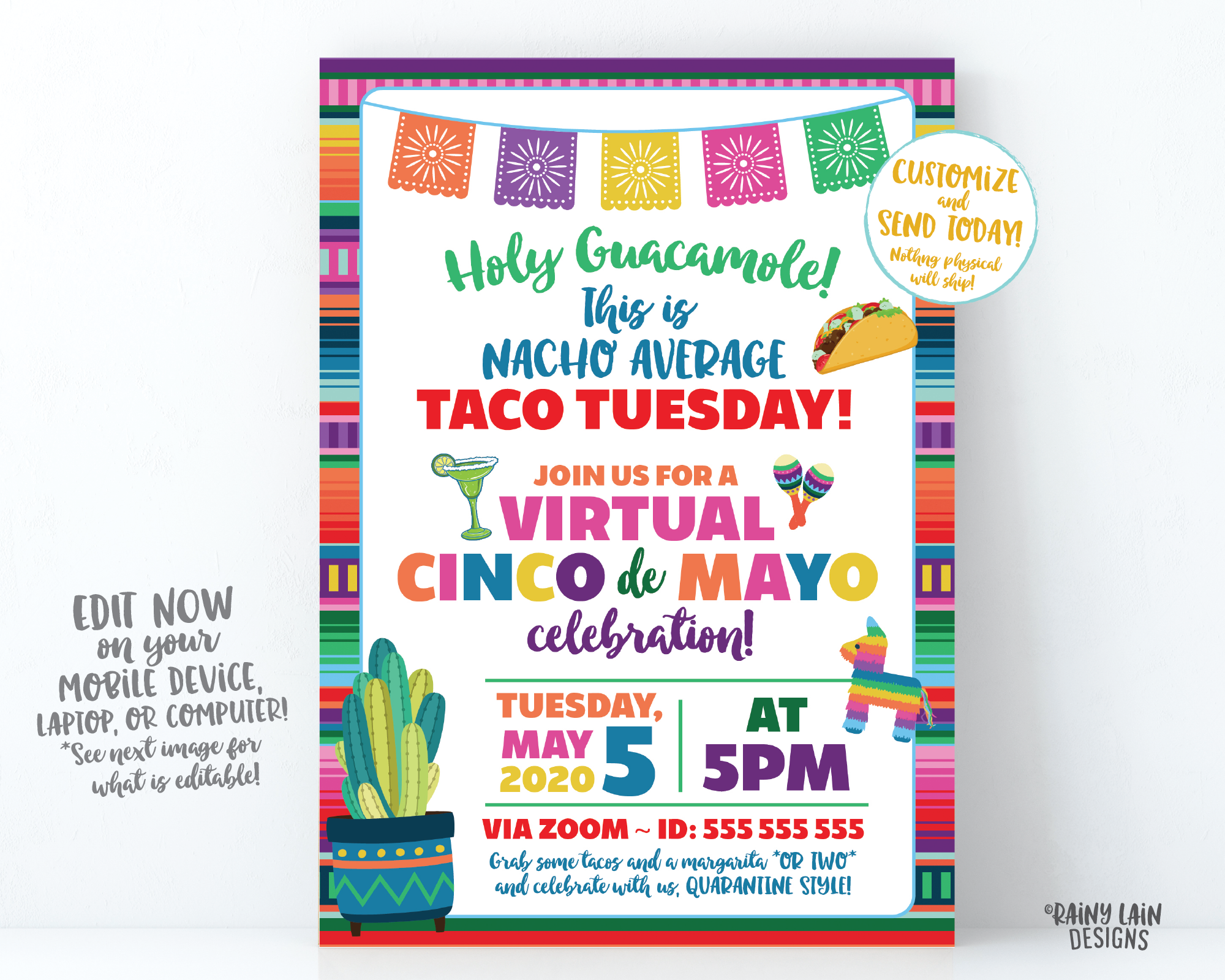 Virtual Cinco de Mayo Invitation, Virtual Taco Tuesday, Nacho Average Party, Social Distancing Party from Home, Margarita, Holy Guacamole