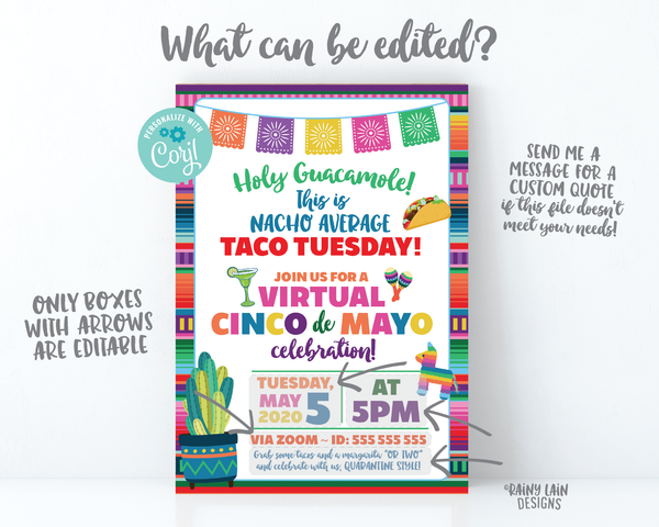 Virtual Cinco de Mayo Invitation, Virtual Taco Tuesday, Nacho Average Party, Social Distancing Party from Home, Margarita, Holy Guacamole