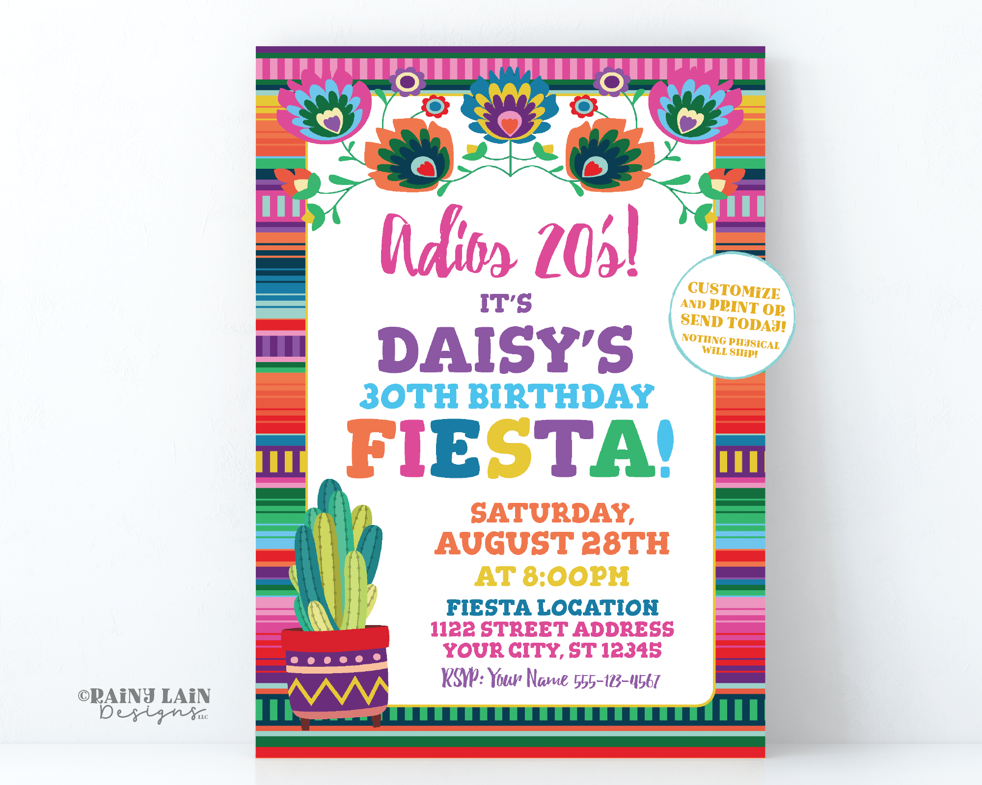 Adios 20's 30th Birthday Fiesta Invitation 30th Fiesta Invite Thirty 30th Birthday Cactus Serape, Floral Mexican Fiesta Taco Party