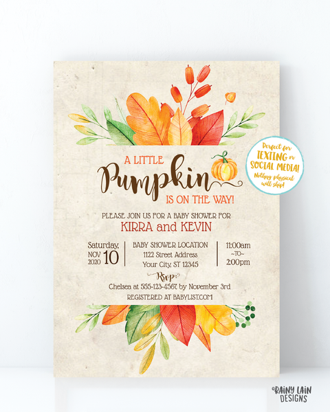 Little Pumpkin Baby Shower Invitation Fall Baby Shower Invite Fall Leaves Invitation Rustic baby shower A Little Pumpkin is on the way