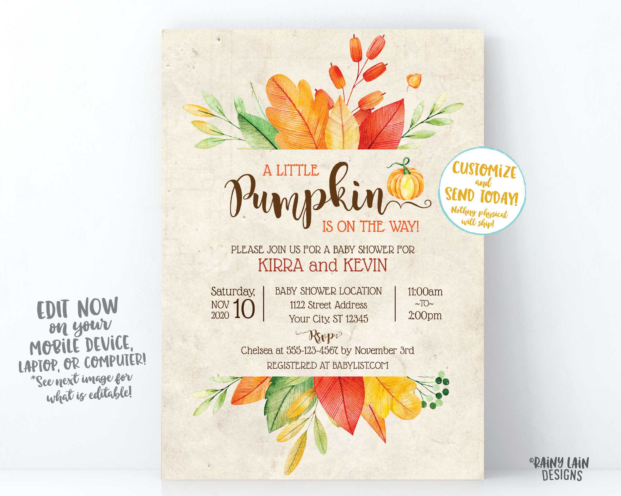 Little Pumpkin Baby Shower Invitation Fall Baby Shower Invite Fall Leaves Invitation Rustic baby shower A Little Pumpkin is on the way