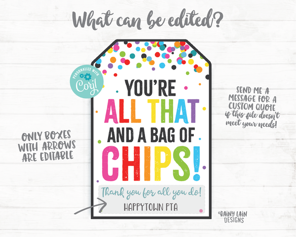 You're all that and a bag of chips Gift Tag Employee Appreciation Tag Company Frontline Essential Worker Staff Corporate Teacher PTO School