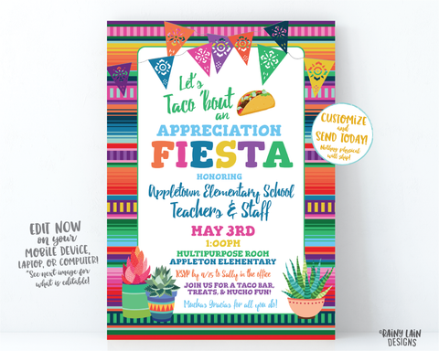 Teacher Appreciation Invitation Let's Taco bout an Appreciation Fiesta Teacher Appreciation Luncheon Flyer Nacho Average Teacher, Succulents