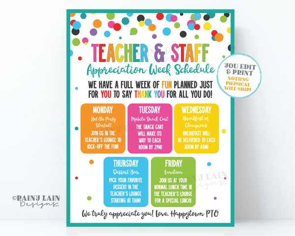 Editable Teacher Appreciation Week Schedule Flyer Itinerary Luncheon Invitation Invite Week of fun for you to Thank you for all you do