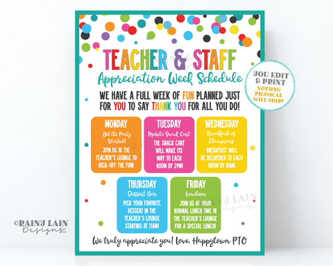 Editable Teacher Appreciation Week Schedule Flyer Itinerary Luncheon Invitation Invite Week of fun for you to Thank you for all you do