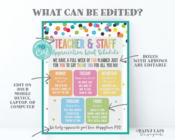 Editable Teacher Appreciation Week Schedule Flyer Itinerary Luncheon Invitation Invite Week of fun for you to Thank you for all you do