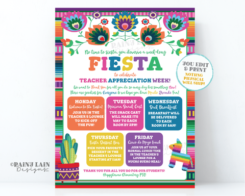 Editable Teacher Appreciation Week Schedule Teacher Appreciation Itinerary Flyer Luncheon Invite No Time to Siesta Week Long Fiesta Sign