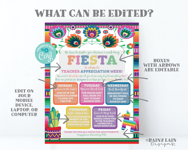 Editable Teacher Appreciation Week Schedule Teacher Appreciation Itinerary Flyer Luncheon Invite No Time to Siesta Week Long Fiesta Sign