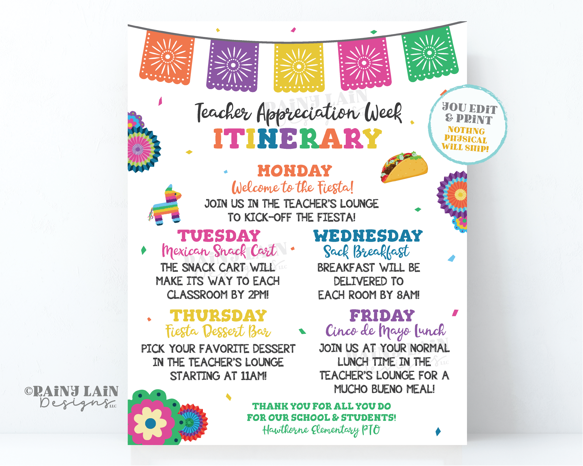 Teacher Appreciation Schedule Teacher Appreciation Week Itinerary Flyer Luncheon Invitation Taco bout Poster Nacho Average Fiesta Sign