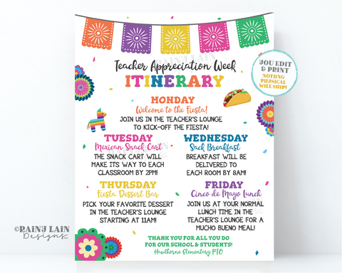 Teacher Appreciation Schedule Teacher Appreciation Week Itinerary Flyer Luncheon Invitation Taco bout Poster Nacho Average Fiesta Sign