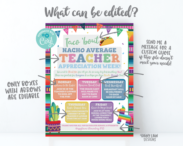 Editable Teacher Appreciation Week Schedule, Teacher Appreciation Itinerary, Flyer, Luncheon Invite, Nacho Average, Fiesta Sign, Taco bout