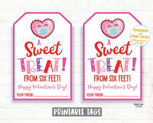 A Sweet Treat from Six Feet Tag Valentine Preschool Valentines Non-Candy Classroom Printable Quarantine Social Distancing 2021 Valentine Tag